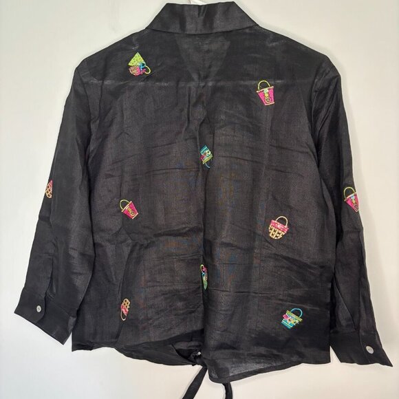 RICHARD MALCOM Large 100% Irish Linen Embroidered Waist Tie Black Blouse - Picture 8 of 8